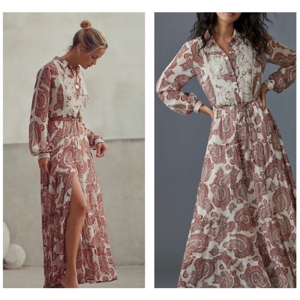 Anthropologie Allaire White Red Paisley Long Sleeve Boho Maxi Shirtdress XL